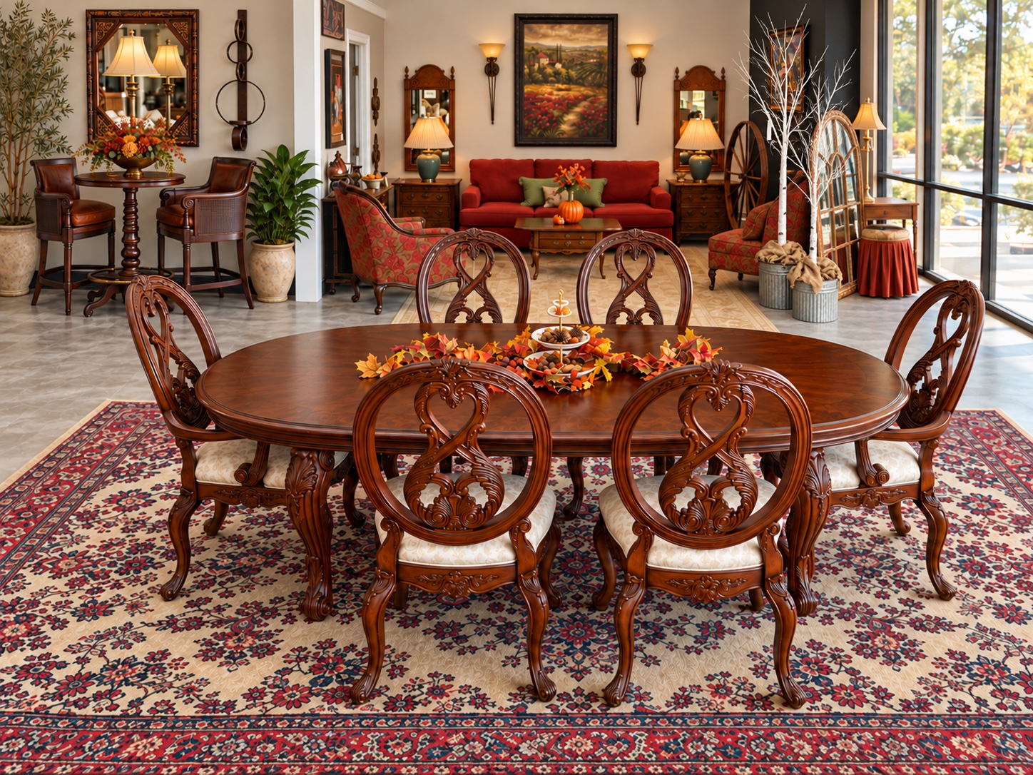 An ornate dining room display with rich wood, red seating, and autumn florals at Cadie's Corner
