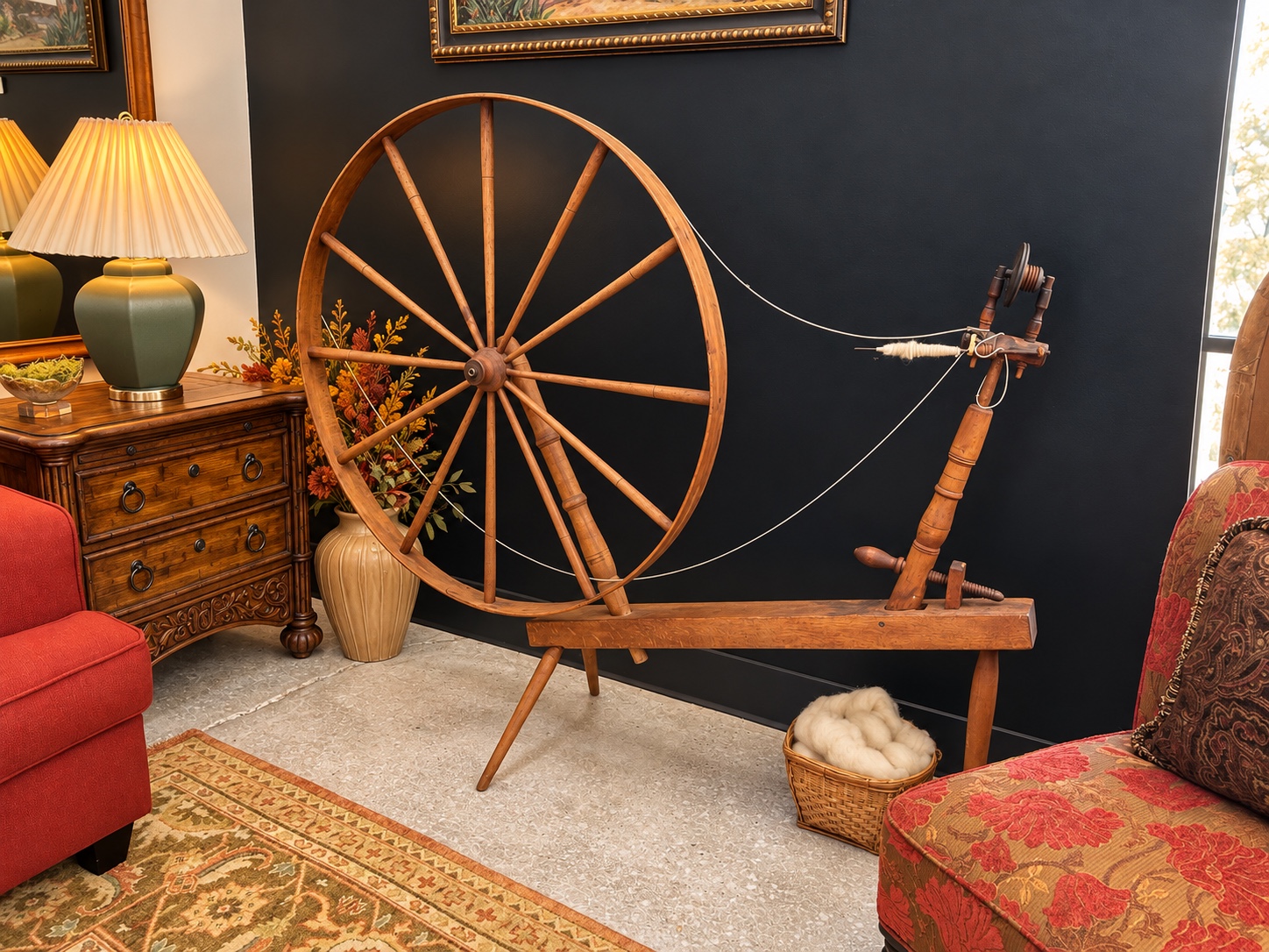 An antique spinning wheel, upholstered chairs, and autumn florals styled at Cadie's Corner
